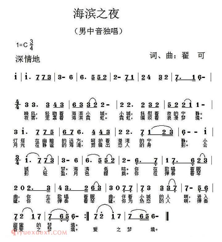 美声歌曲简谱《海滨之夜/翟可 词曲》