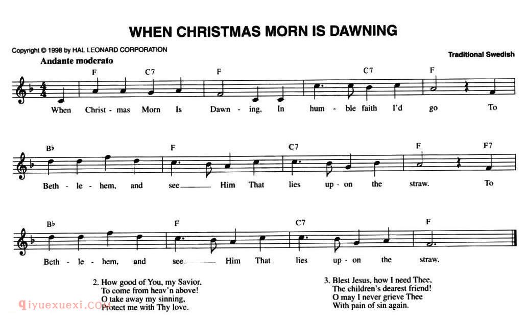 五线谱《WHEN CRISTMAS MORN IS DAWNING》