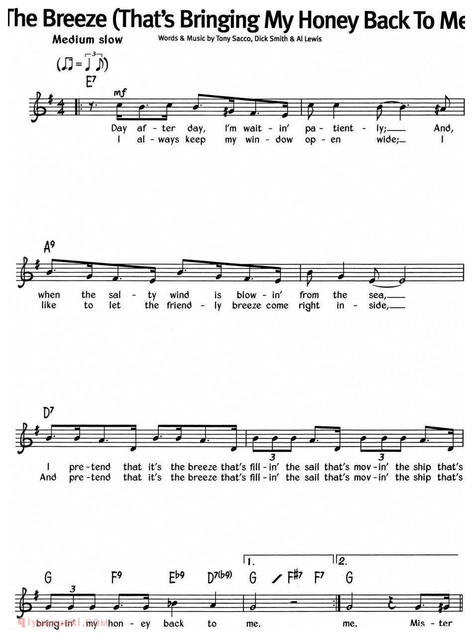 蓝调音乐:The Breeze(That's Bringing My Honey Back To Me) | 五线谱
