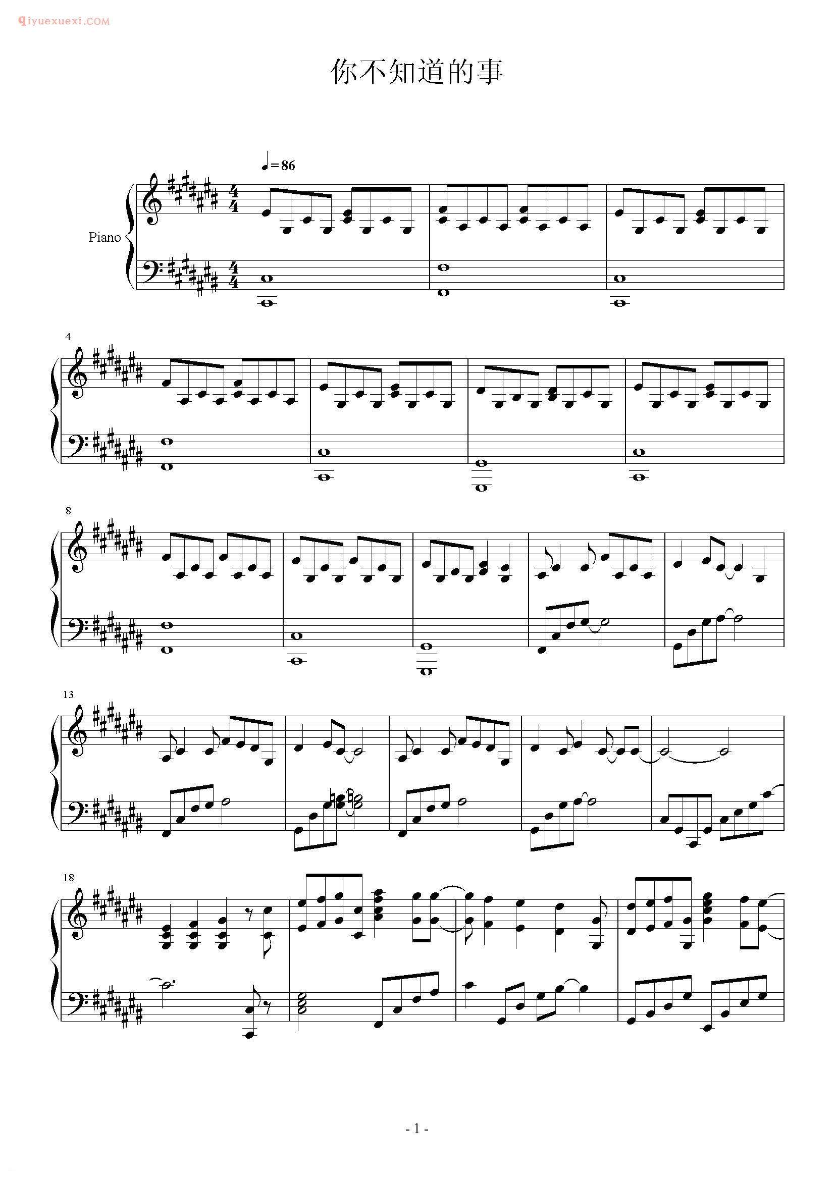 王力宏歌曲《你不知道的事》钢琴谱五线谱