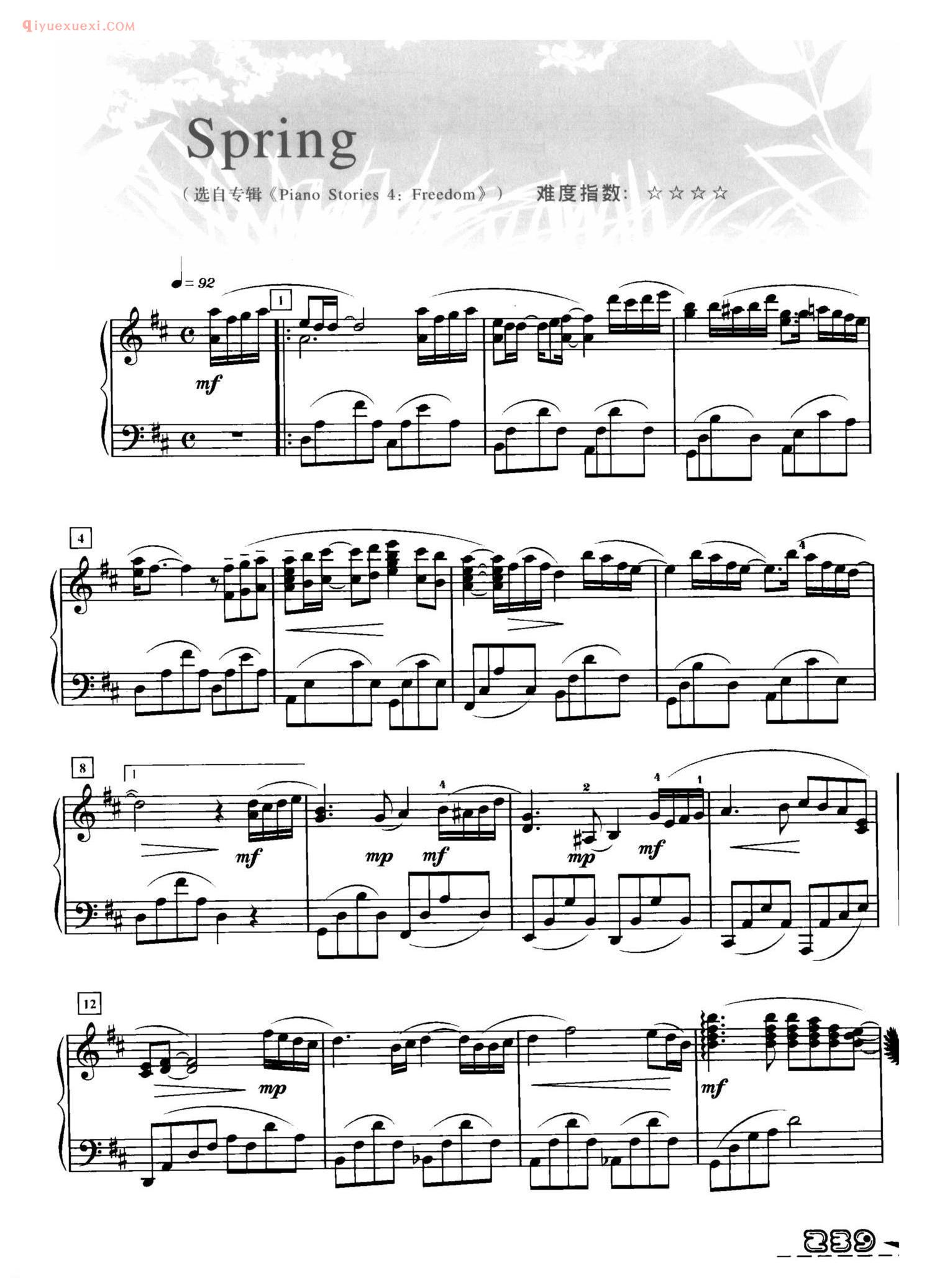 久石让钢琴谱_Spring_选自专辑《Piano Stories 4:Freedom》