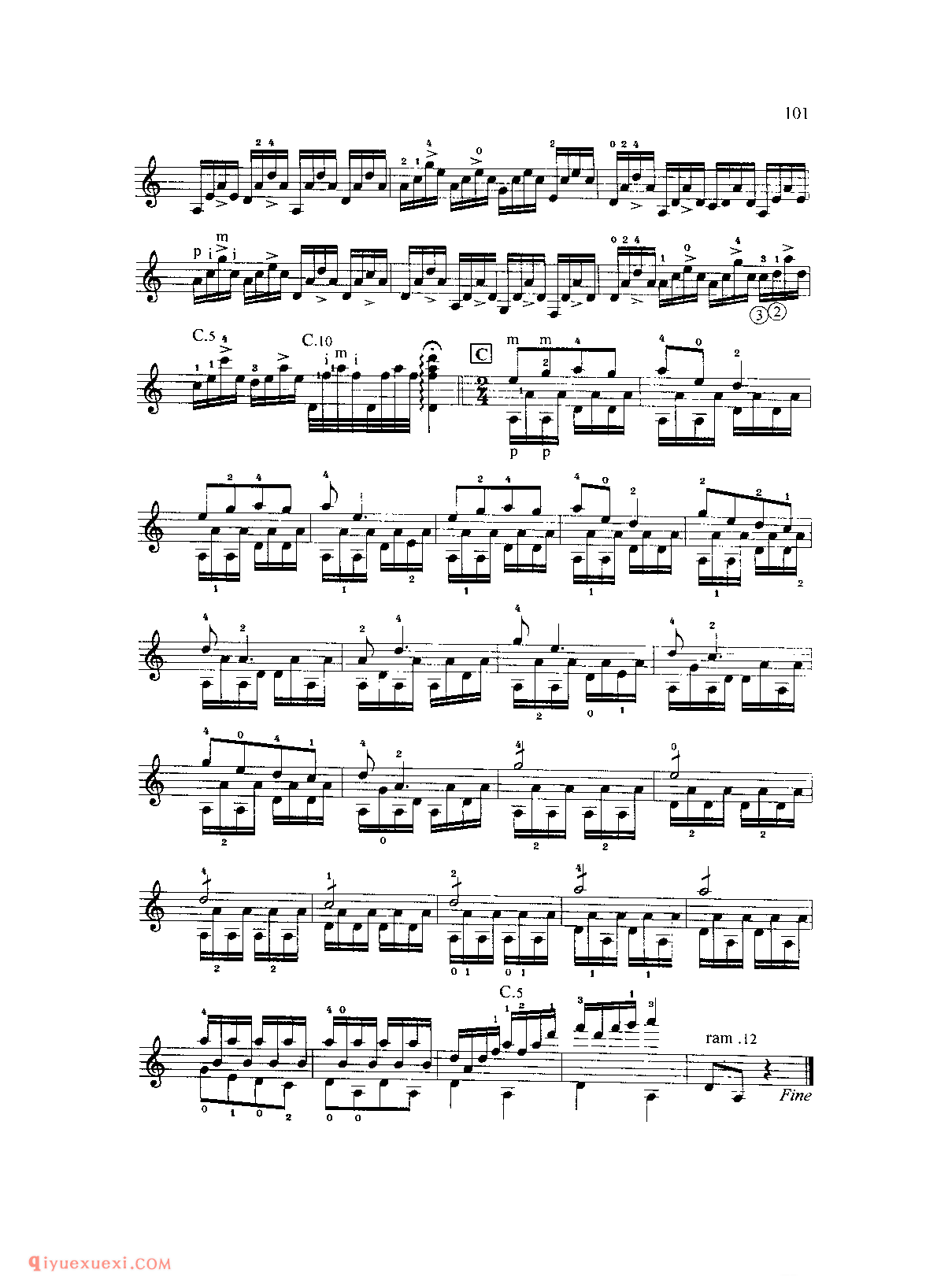 康定情歌_四川康定民歌_冯汝觉编曲_中国风格乐曲吉他五线谱