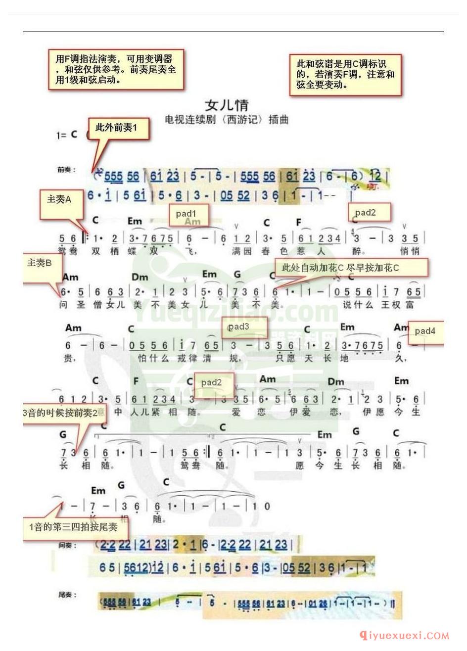 电子琴谱带和弦 │ 女儿情
