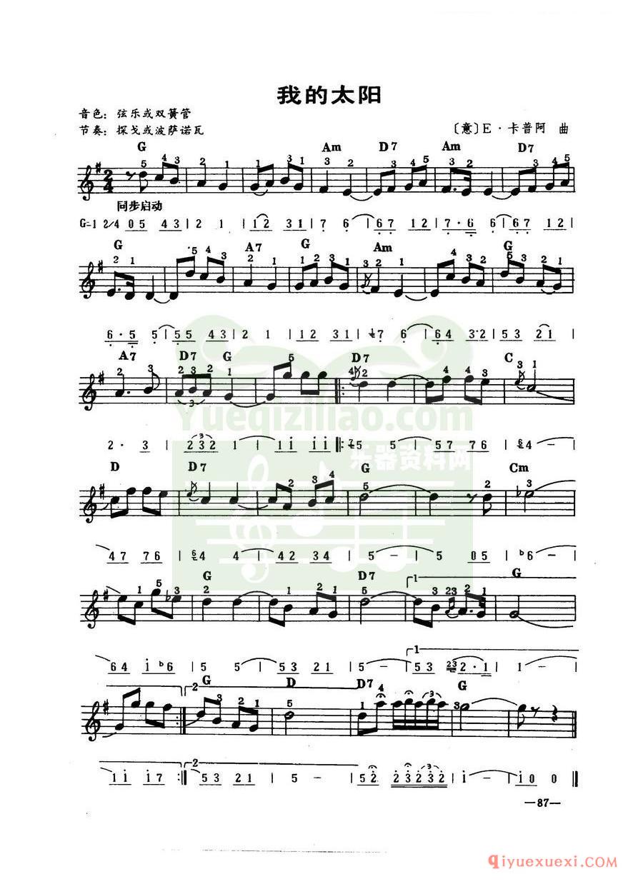 中外电子琴名曲谱 | 我的太阳(2/4拍:线简谱对照)