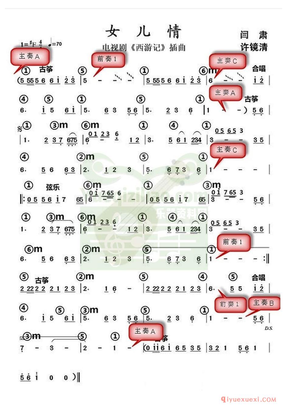 电子琴带和弦简谱 │ 女儿情(农村乐队)
