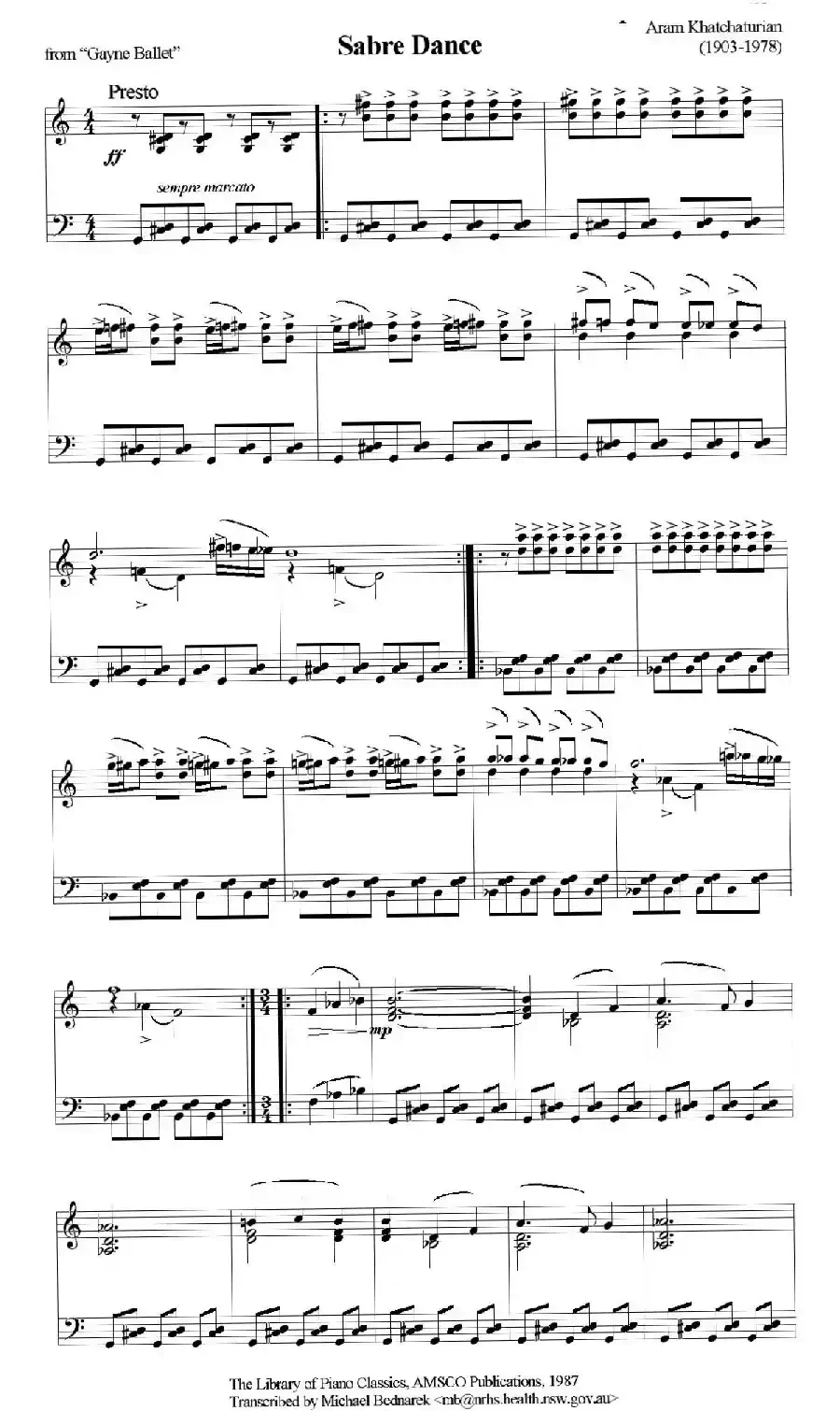 Sabre Dance(马刀舞曲)(钢琴独奏版)