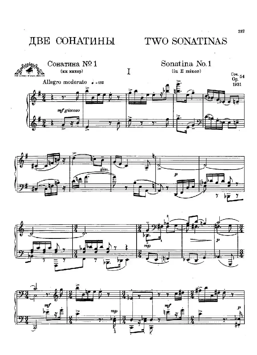 Two Sonatinas for Piano Op.54 No.1(2首钢琴小奏鸣曲·1)