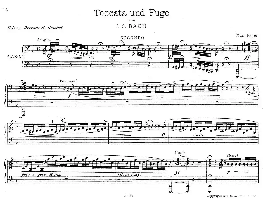 d小调托卡塔与赋格(BWV 565·雷格改编钢琴四手联弹版)
