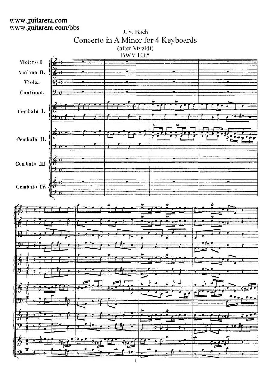 为四架古钢琴而作的a小调协奏曲 BWV 1065(总谱)