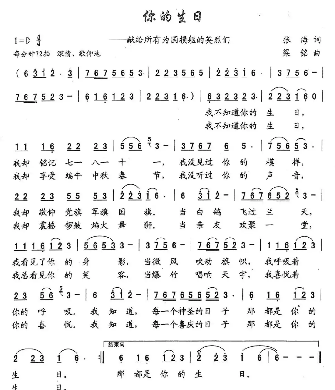 你的生日(张海词, 梁铭曲)
