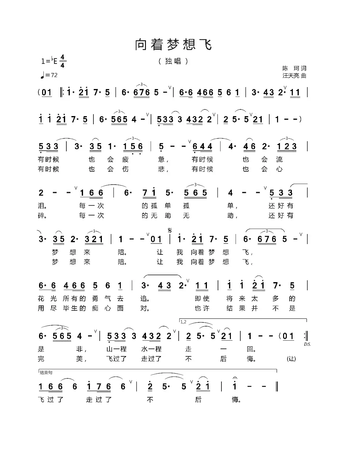 向着梦想飞(陈 珂 词 汪天亮 曲)