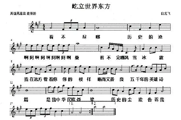 屹立世界东方(五线谱)