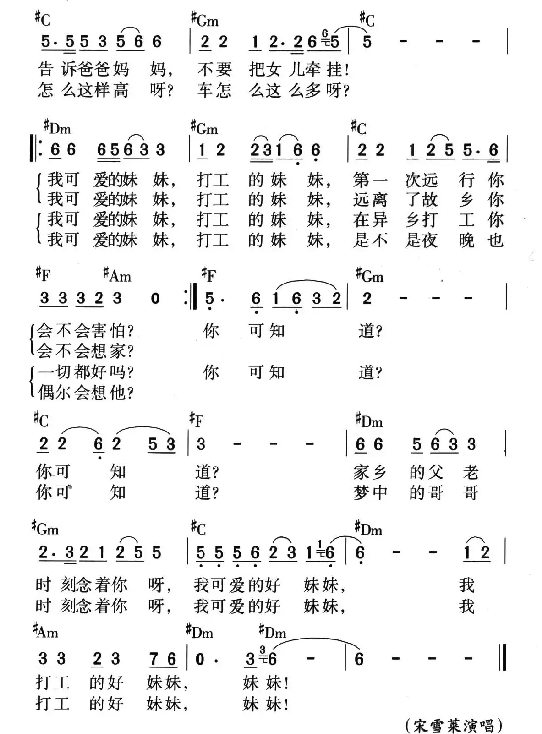 打工的妹妹(颂今 词曲)